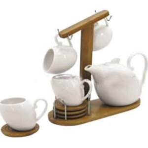 Porcelain Coffee and Tea Set with Bamboo Tray-and Metal Handle